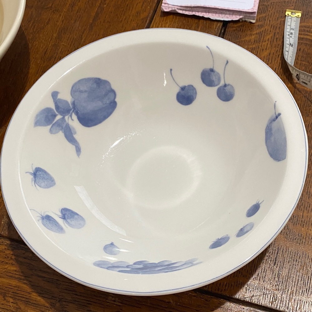 Vintage White Serving Bowl with Blue Fruit Design from Epoch Made in Indonesia.
